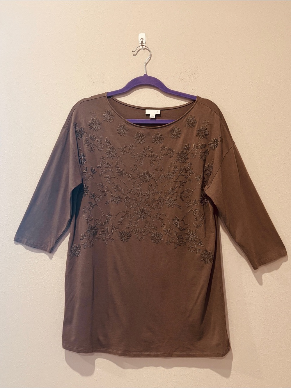 J. Jill Olive Green Embroidered Floral Knit Tunic 3/4 Sleeve Petite Medium Fall